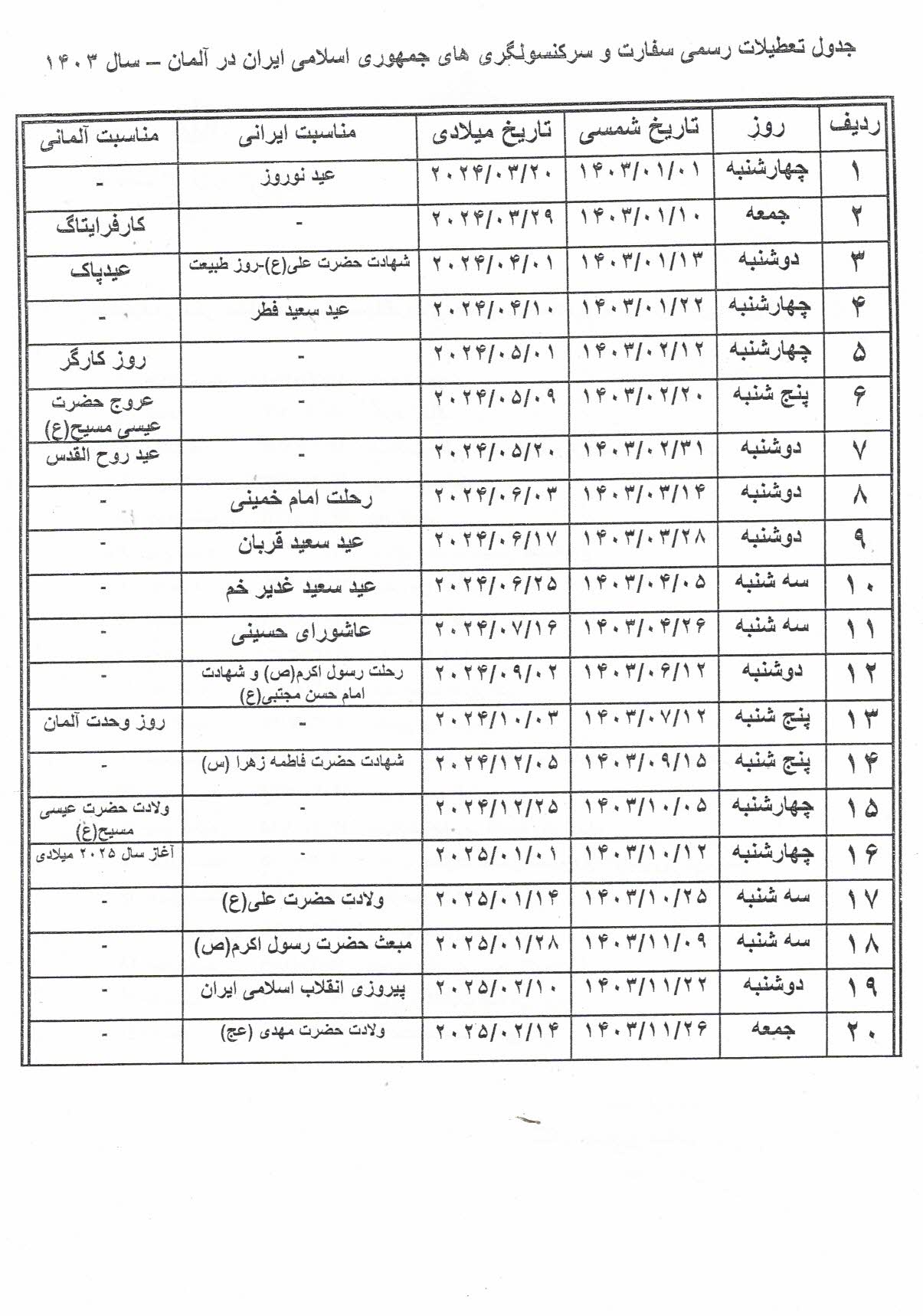 تعطیلات بخش کنسولی سفارت ج اا ایران 
